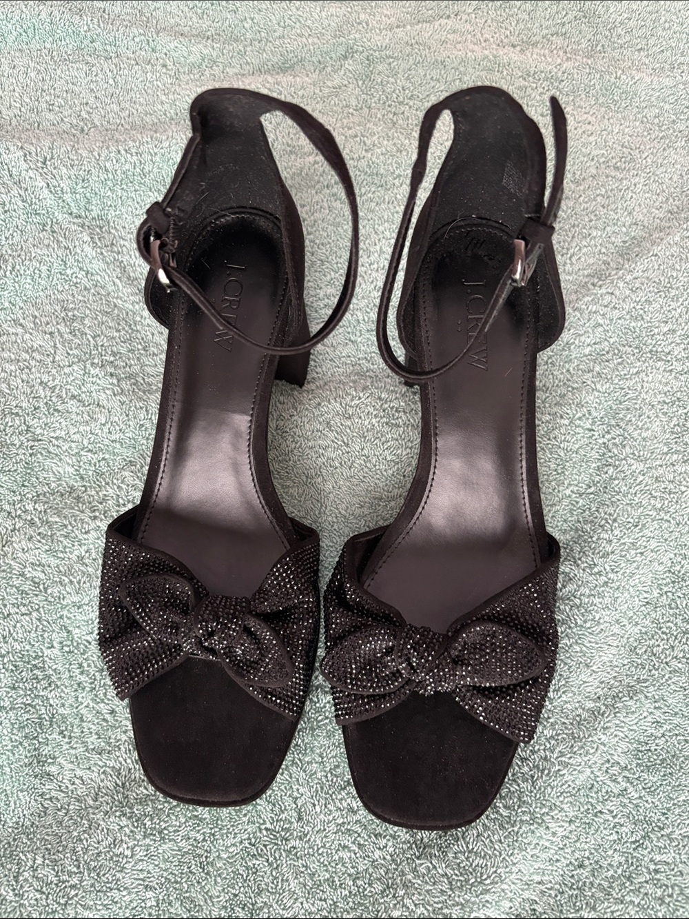 J. Crew Black Suede Bow Ankle-Strap Heels with Crystal Accents